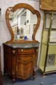 Decorative Continental inlaid king wood and marble top side cabinet with matching mirror above.
