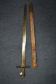 A German sword with leather scabbard.