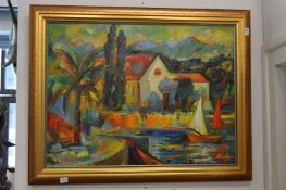Avalova, colourful harbour scene with a sailing dingy, oil on canvas, signed and dated 2007.