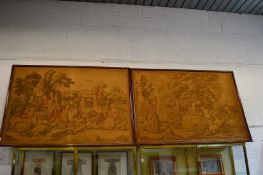 A large pair of machine made tapestry pictures, framed, each 195cm long x 130cm high.