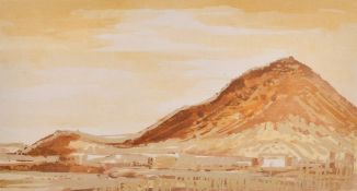Tom Keating (1917-1984), landscape view with a mountain, watercolour, Vost's label verso, 7.5