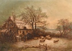 Circle of Edward Smythe, sheep by a cottage in a winter landscape at dusk, oil on panel, 6