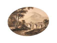 William Gilpin (1724-1804) - Sepia watercolour - Triple arched bridge with figures and mountain to