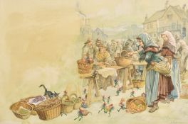 Eric Kincaid (b. 1931), figures and pixies in a marketplace, watercolour and gouache, signed, 11