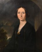 19th Century English School, a half-length portrait of a young lady with a moonlit landscape beyond,