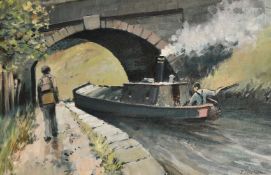 Tom Brown (20th Century), Salford Artist, figure on a towpath with a barge beneath a bridge, oil