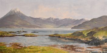 Donald Shearer (20th Century), a Highland Loch with a lighthouse and cottages, possibly the Sound of