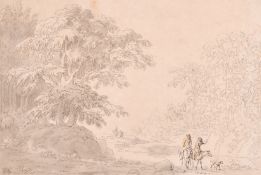 Attributed to Anthony Thomas Devis (1729- 1816/7) - Ink and wash - Travellers on ponies passing into