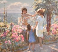 Sergei Polyakov (20/21st Century), 'Bead Seller', figures at a stall on a coastal path, oil on