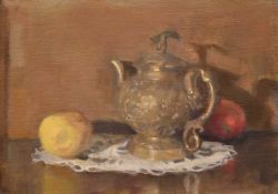 Georges Weissbort (1928-2013), still life with a silver teapot, oil on canvas laid onto board, 9