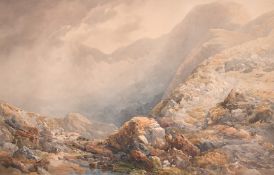 Late 19th Century, a wayfarer leading his horse through a rocky mountain path, watercolour, 17.75
