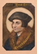 Follower of George Perfect Harding, 'Saint Thomas More', watercolour in a verre eglomise mount, 6.