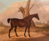 Attributed to Charles Towne, A bay hunter by a tree in a landscape, oil on canvas, 25