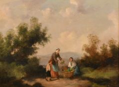Manner of Julius Caesar Ibbetson (1759-1817) - Oil painting - Rural landscape with girl selling