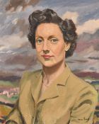 Arthur Ferrier (1890-1973), a portrait study of a young woman with a landscape view beyond, oil on