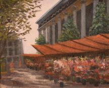 Continental School, Circa 1900, a pair of oil on canvas scenes of figures by a flower market,