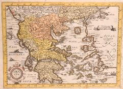 A 17th Century hand coloured engraved map of Greece, extensive manuscript inscriptions in the