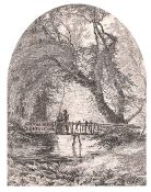 Circle of Samuel Palmer, figures on a bridge, and figure on a punt by moonlight, pen and ink with