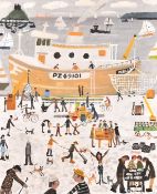 Alan Furneaux (b. 1953), figures along the harbour in Penzance with St. Michael's Mount beyond,