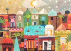 Alan Furneaux (b. 1953), figures swimming in a pool in Marrakesh under a starlit sky, oil on canvas,