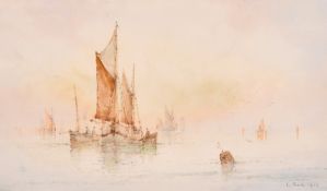 L. Earp, Circa 1926, shipping at daybreak, watercolour, signed and dated, 6.75