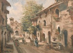 Riva, Circa 1940, figures in a Southern Continental town street, oil on board, signed, 11