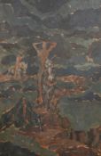 20th Century, figures on horseback in a surreal landscape, oil on panel, 36