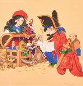 Eric Kincaid (b. 1931), young pirates and pixies around a treasure chest, watercolour and gouache,