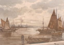 Provini, Early 20th Century Italian School, boats moored by a quay with a distant view of Venice,