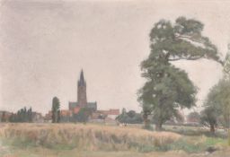 Georges Weissbort (1928-2013), a French landscape view with a distant church, oil on board, 15