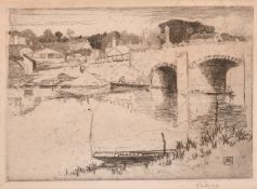 Edward Millington Synge, an etching of a bridge over a river, signed in pencil, plate size 3.75