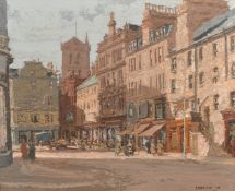 English School, Circa 1953, view of figures in a city street, oil on canvas, indistinctly signed,