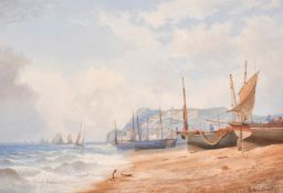 Matthew Kendrick (1797-1874), figures sorting nets on beached boats, watercolour, signed, 10.25