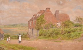 Philip Norman (1842-1931) - Watercolour - Cottages with figures on the Downs, signed and dated 1881,