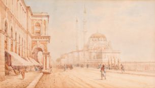 Michel Martino (1889-1969), figures in a busy street in Constantinople, watercolour, signed, 11
