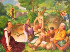 Manner of Stanley Spencer, a family group resting in a landscape, oil on canvas, 36.5