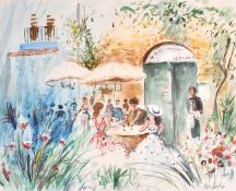 Late 20th Century French School, figures eating outside a restaurant, watercolour, indistinctly