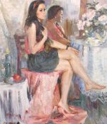 Oleg Stanichnov (20/21st Century), 'Taking Tea', female figure seated by a mirror, oil on canvas,