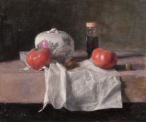 Georges Weissbort (1928-2013), a still life with tomatoes and a porcelain cover, oil on canvas