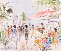 Late 20th Century French School, scene of figures in a colourful city marketplace, watercolour,