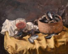 Georges Weissbort (1928-2013), still life with a Moules and other objects, oil on canvas laid