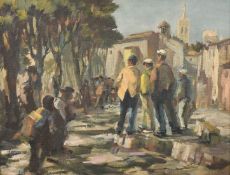 20th Century French Scene, figures gathered watching a game of boules in a Southern French town, oil