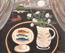 Alan Furneaux (b. 1953), 'Moonlight Mount' a still life nocturne with St. Michael's Mount in the