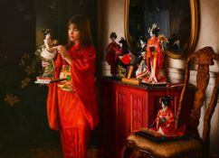 Douglas Hoffman (b. 1945), Baltimore, USA, 'Tabitha's Dolls', oil on board, signed, 32