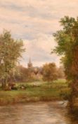 Mark Edwin Dockree (late 19th Century), Rickmansworth Church with cattle in a meadow, oil on canvas,