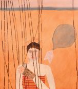 Contemporary Surrealist School, 'Bamboo Curtain', woman behind bamboo, acrylic on board, 28