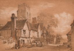 Circle of Henry Bright, a Suffolk village, charcoal and chalk, inscribed 'Nr. Ipswich', 13