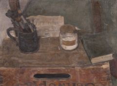Georges Weissbort (1928-2013), a still life of artist's materials, oil on canvas laid down, 11