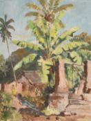 Zanzibar / South African School, a village scene with palm trees, gouache, indistinctly signed and