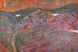 Modern British School, a stylised landscape, mixed media on paper, indistinctly signed and dated